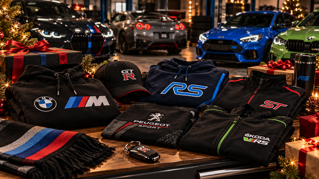 Motorsport apparel gift ideas for car enthusiasts in a workshop