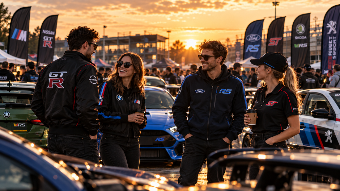 Car enthusiasts at a motorsport meet during golden hour