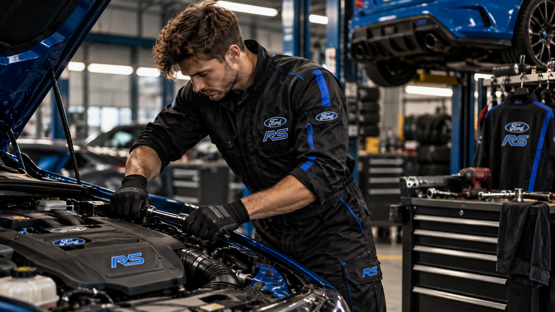 Mechanic working on a performance car in motorsport workwear