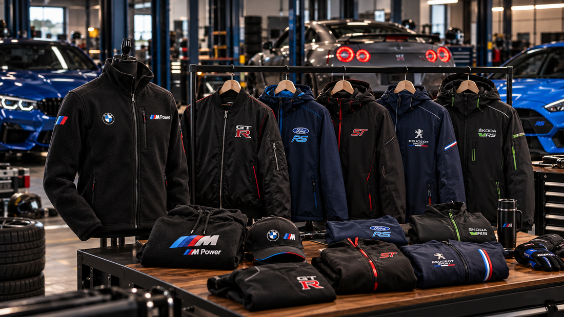 Motorsport jackets for car enthusiasts in a performance workshop