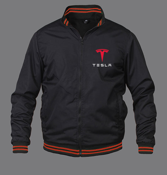 New Bomber Jacket Men Tesla Power Motorsport – Embroidered Emblems, Sizes S-3XL