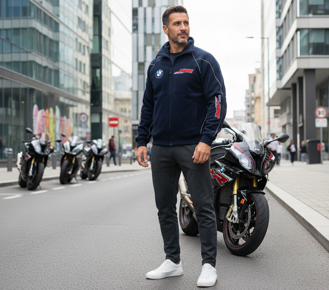 New BMW S1000RR Motorsport Fleece Jacket with Embroidered Emblems in Blue