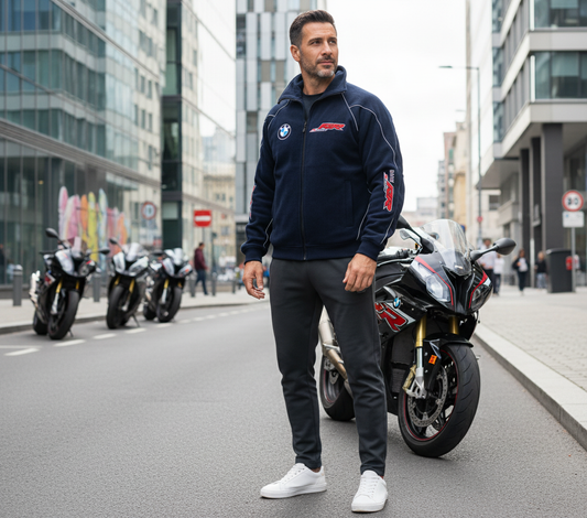 New BMW S1000RR Motorsport Fleece Jacket with Embroidered Emblems in Blue