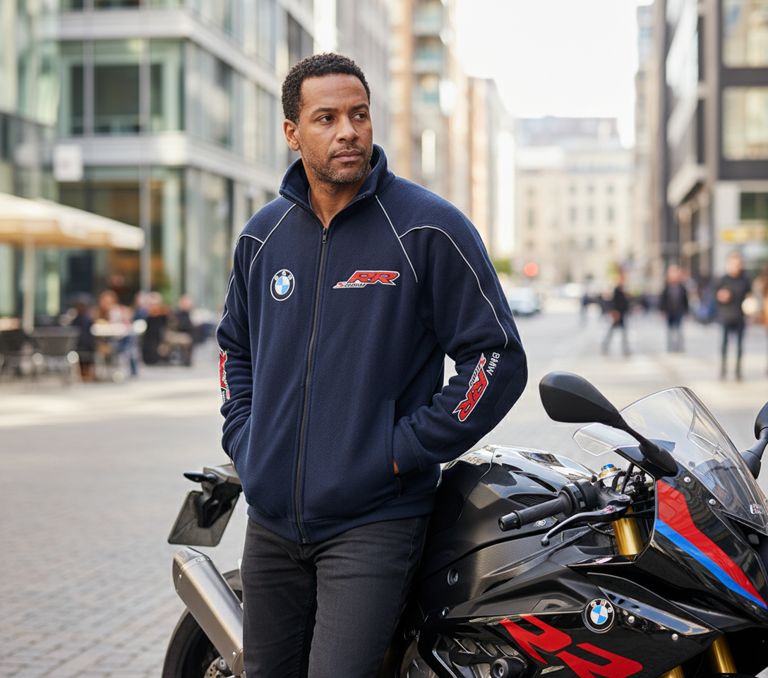 New BMW S1000RR Motorsport Fleece Jacket with Embroidered Emblems in Blue