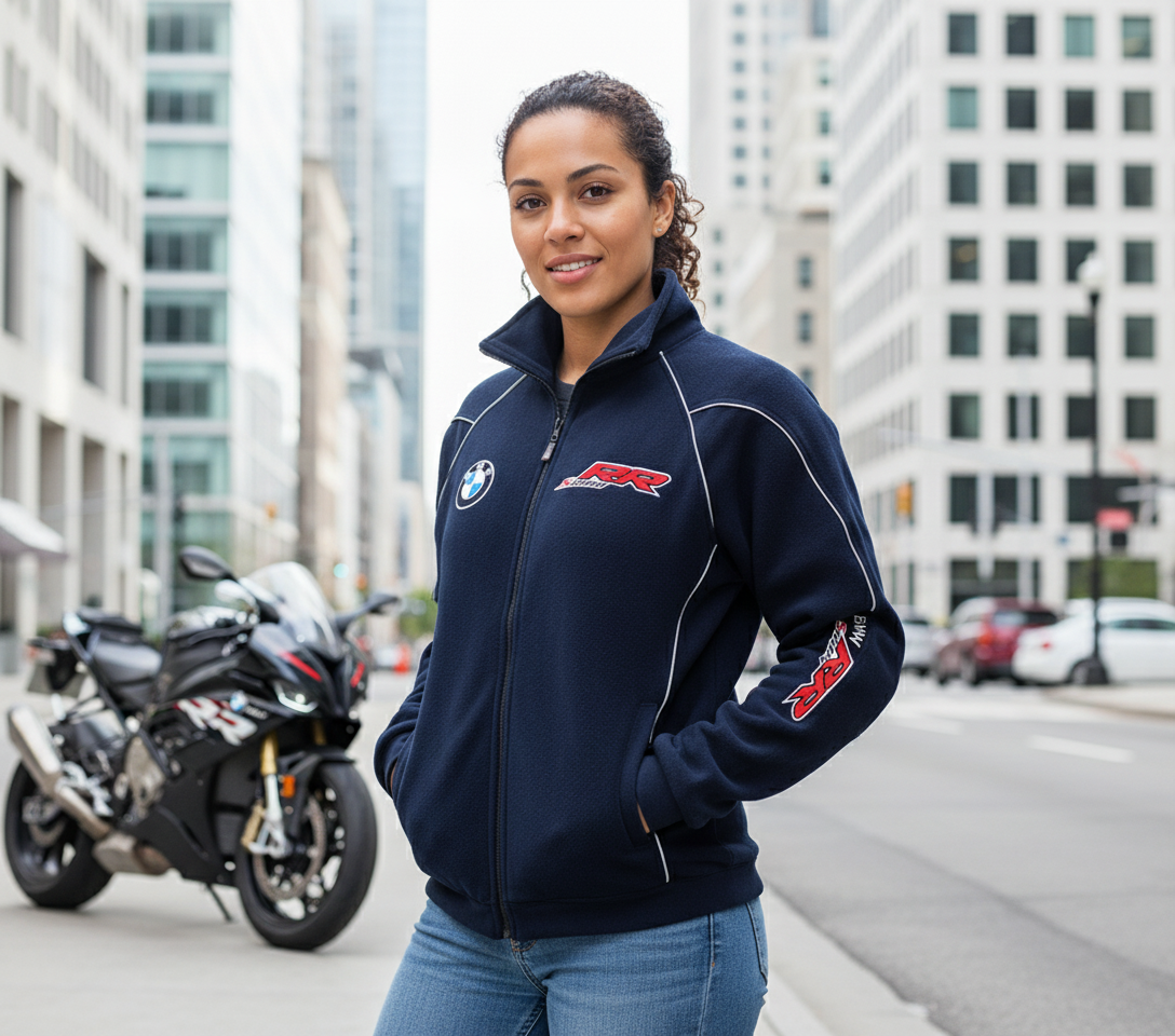 New BMW S1000RR Motorsport Fleece Jacket with Embroidered Emblems in Blue