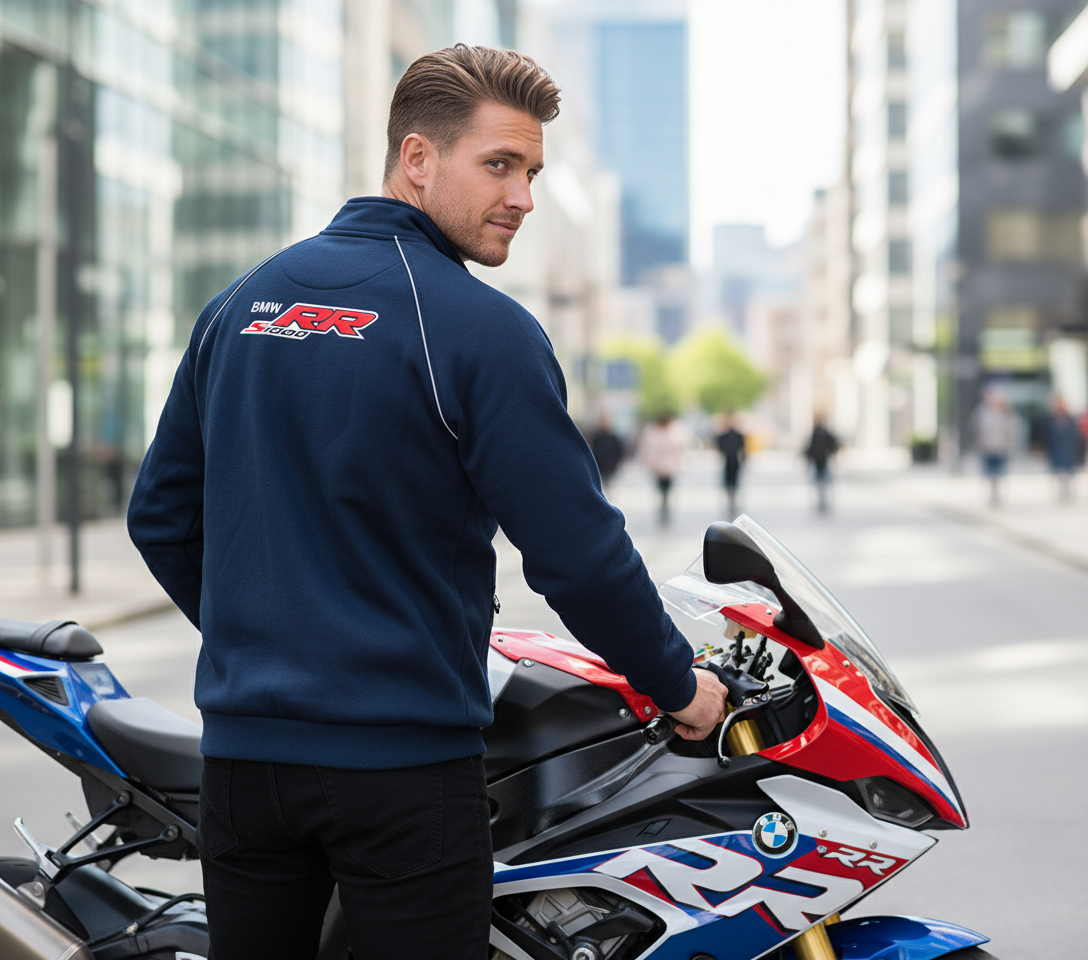 New BMW S1000RR Motorsport Fleece Jacket with Embroidered Emblems in Blue