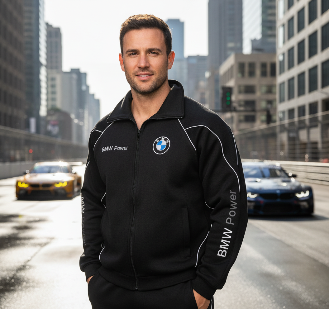 BMW Power Motorsport Mens Fleece Jacket with Embroidered Emblems in Black