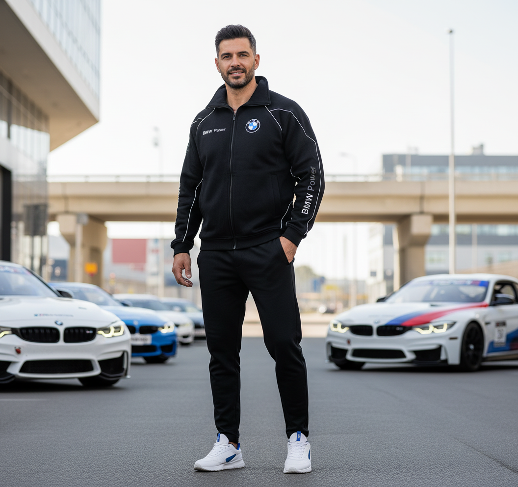 BMW Power Motorsport Mens Fleece Jacket with Embroidered Emblems in Black