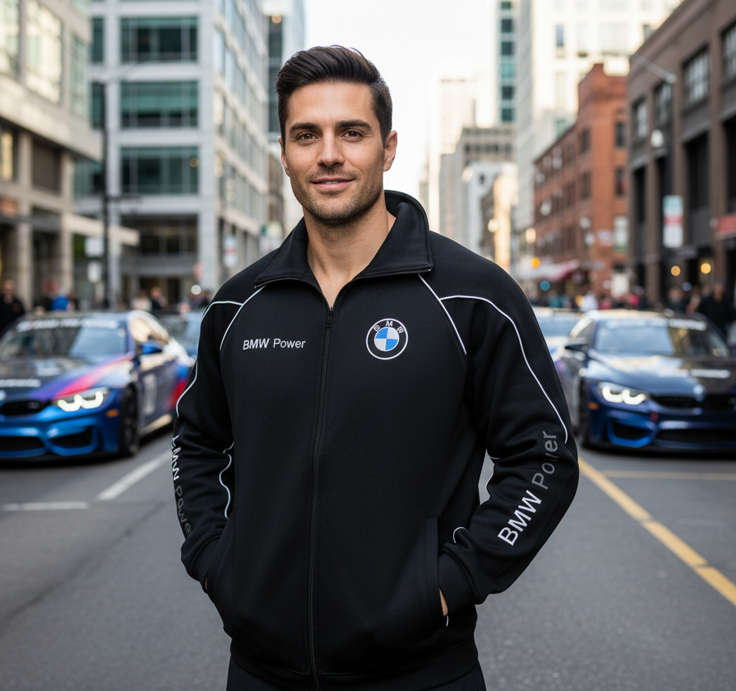 BMW Power Motorsport Mens Fleece Jacket with Embroidered Emblems in Black