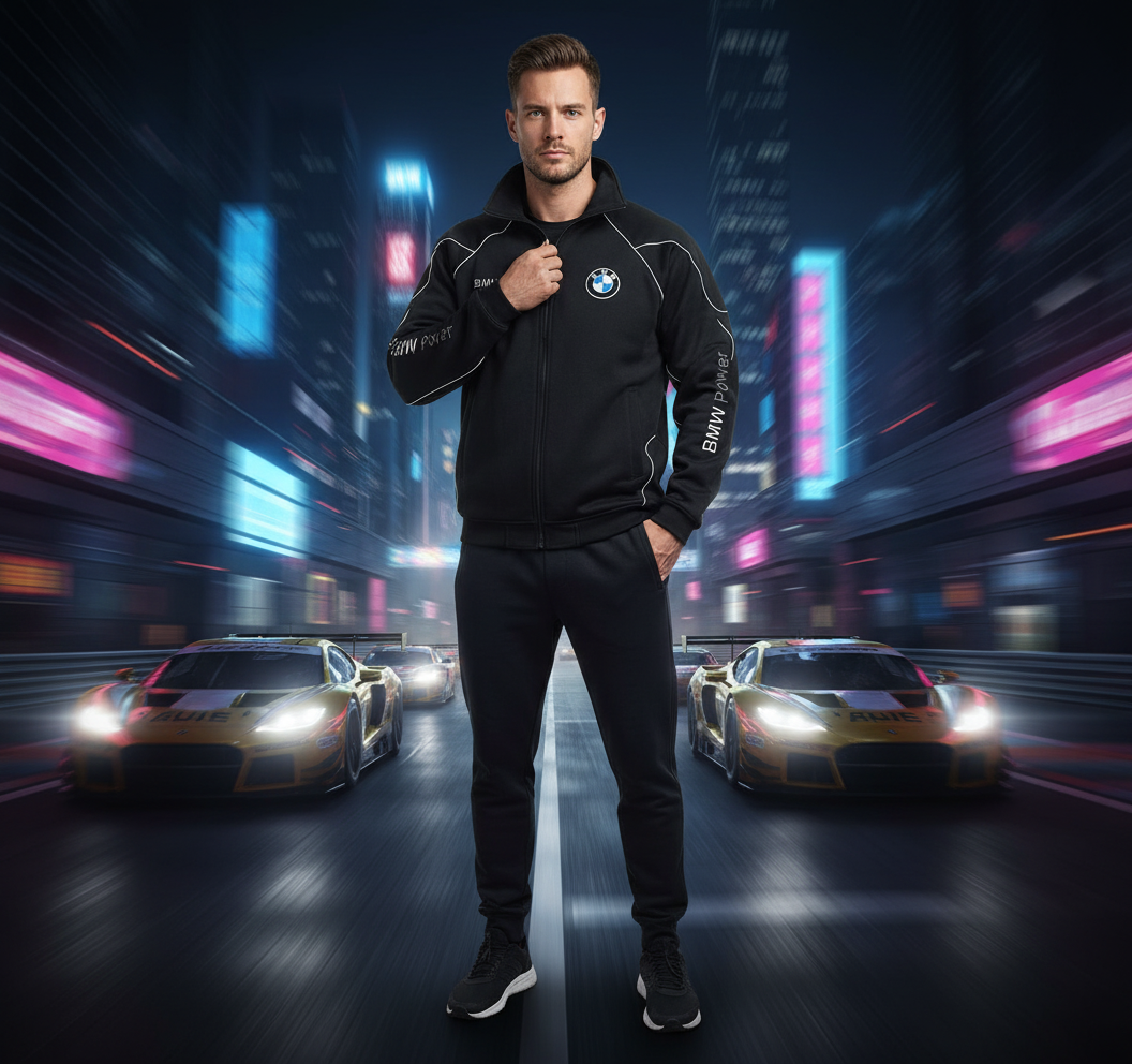 BMW Power Motorsport Mens Fleece Jacket with Embroidered Emblems in Black