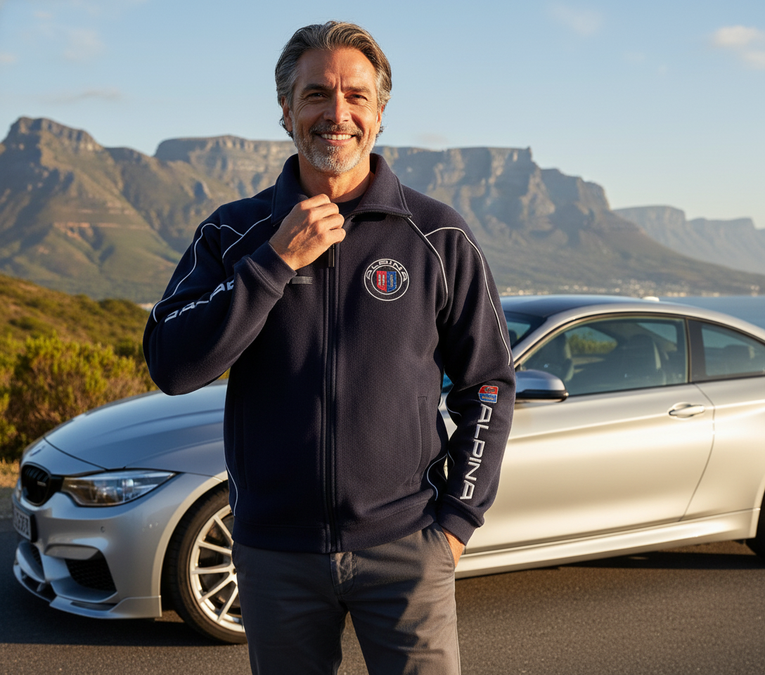 Stylish BMW Fleece Jacket with Alpina Power Motorsport logos in Dark Blue Color