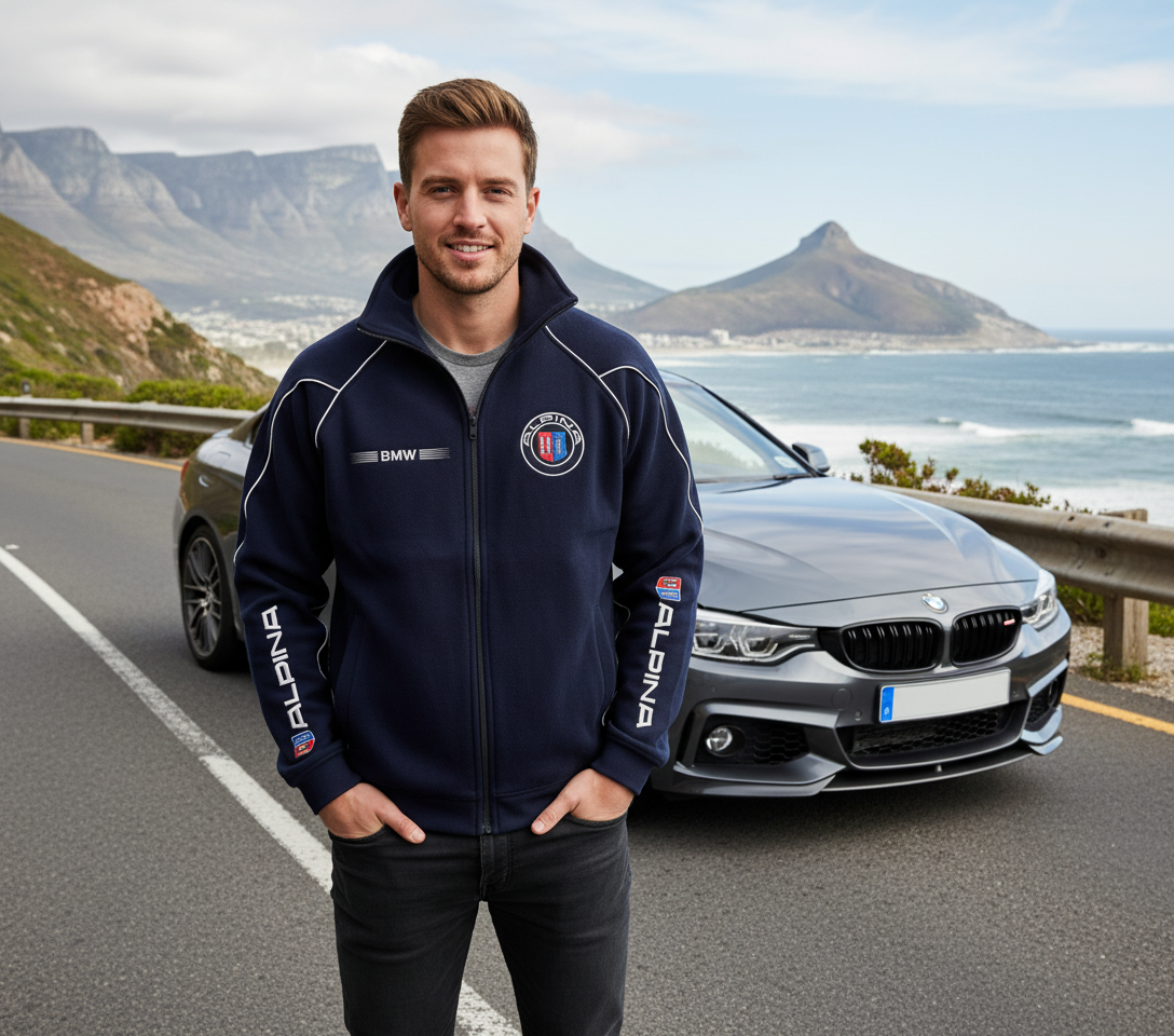 Stylish BMW Fleece Jacket with Alpina Power Motorsport logos in Dark Blue Color