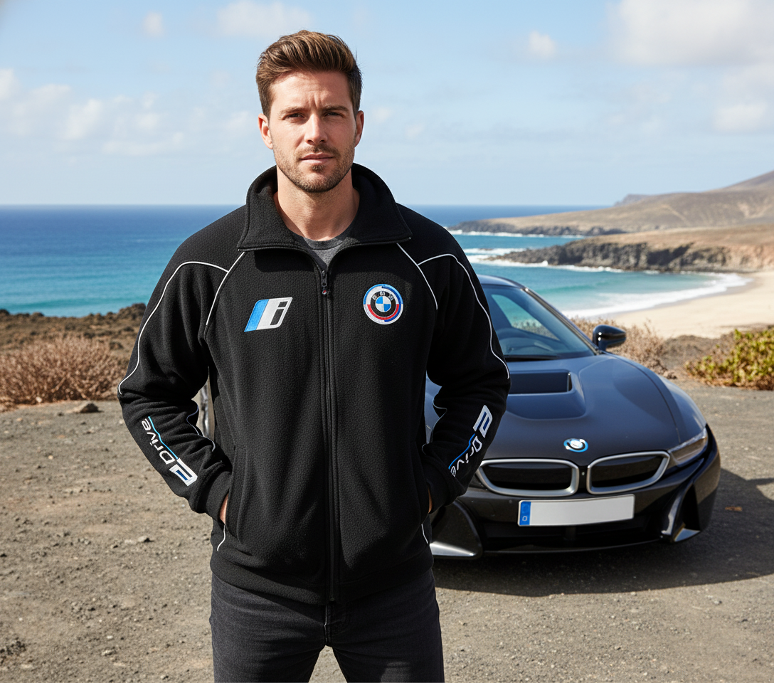 Warm Fleece Jacket BMW i E-drive Motorsport, Black with embroidered emblems, S-3XL