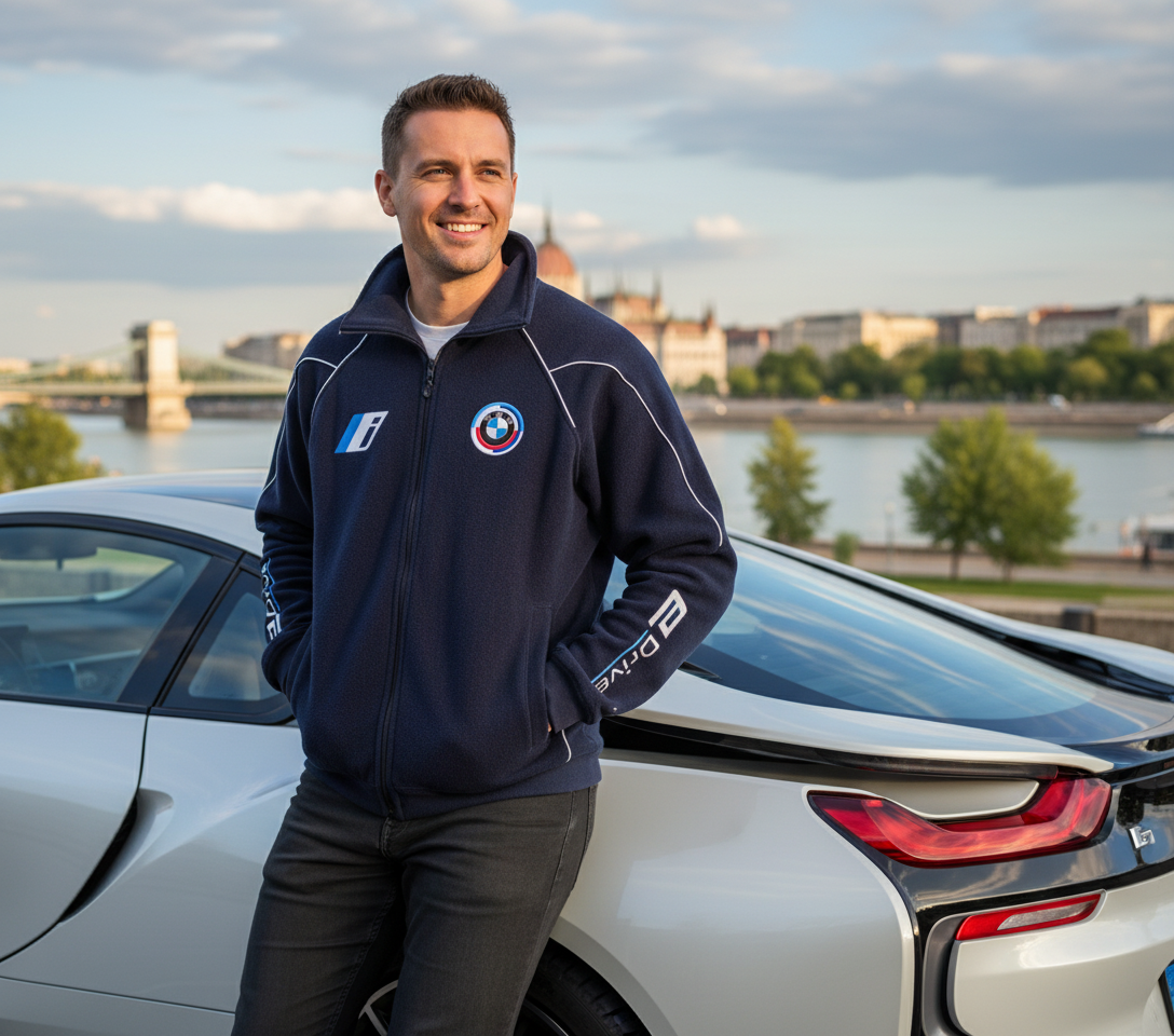 Jetzt kaufen Fleecejacke BMW i E-drive Motorsport, Schwarz mit gestickten Emblemen, S-3XL