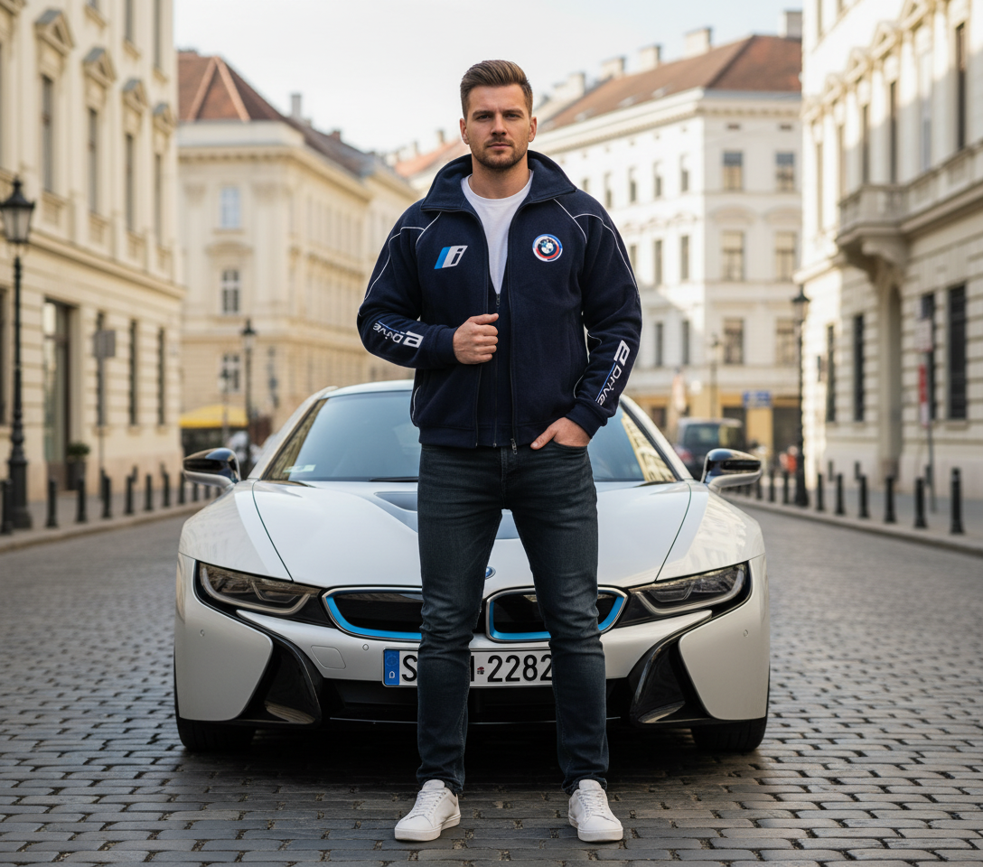 Jetzt kaufen Fleecejacke BMW i E-drive Motorsport, Schwarz mit gestickten Emblemen, S-3XL