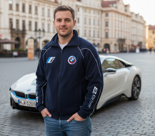 New Fleece Jacket BMW i E-drive Motorsport, Black with embroidered emblems, S-3XL