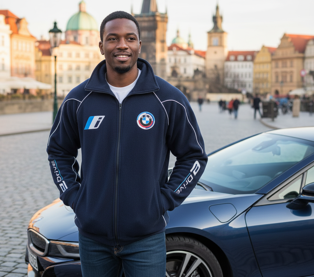 Jetzt kaufen Fleecejacke BMW i E-drive Motorsport, Schwarz mit gestickten Emblemen, S-3XL