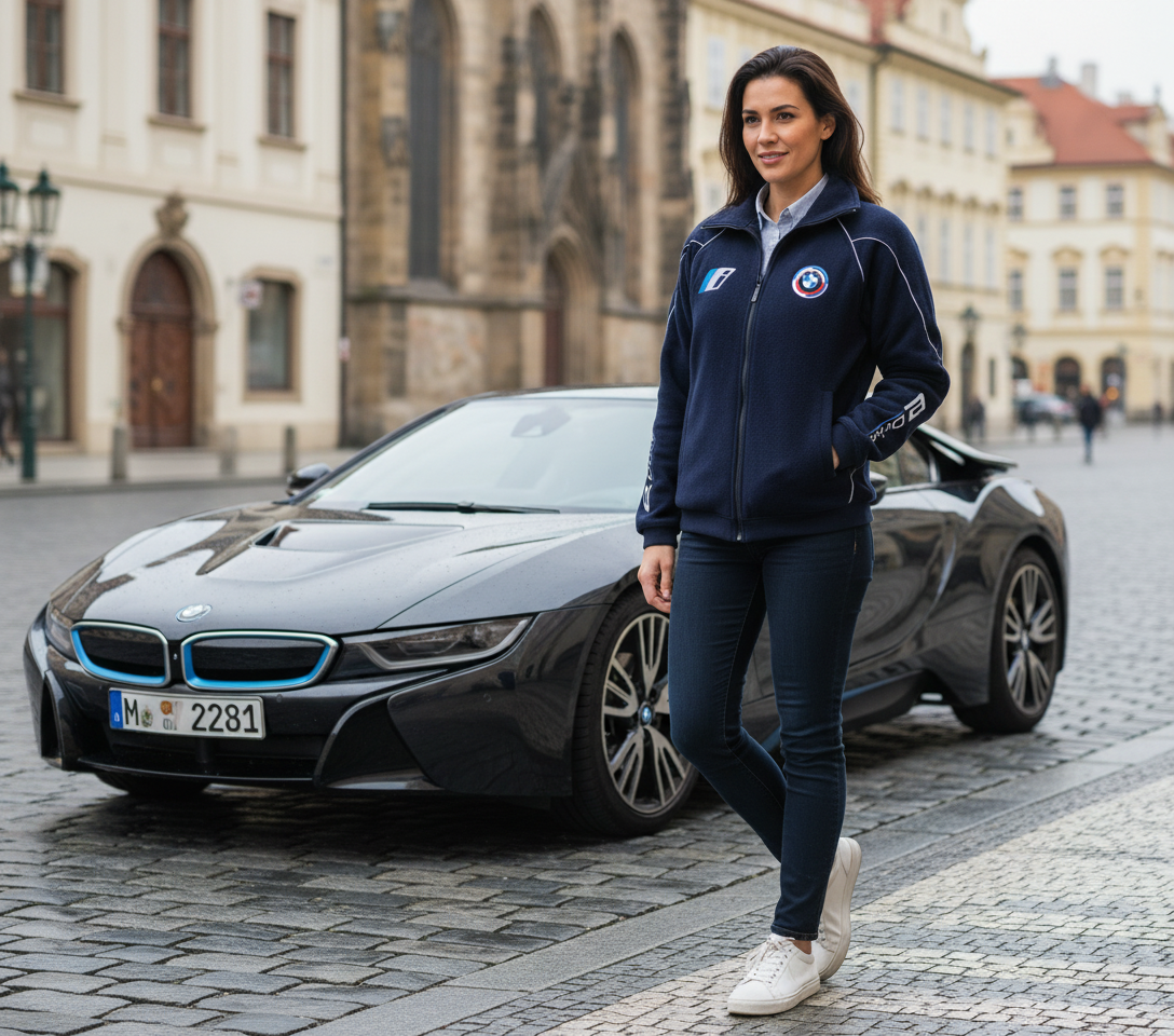 Jetzt kaufen Fleecejacke BMW i E-drive Motorsport, Schwarz mit gestickten Emblemen, S-3XL