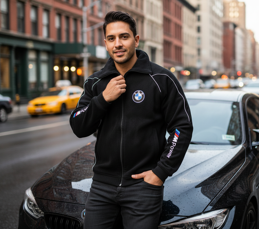 New BMW Jacket Fleece Mens M Power in Black embroidered Fabric Wear