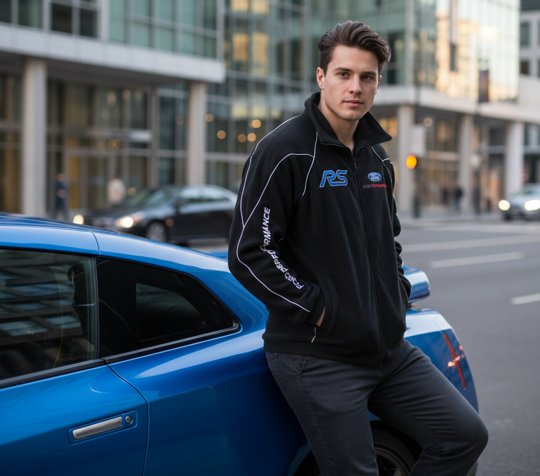 New Ford RS Power Motorsport Fleece Jacket with Embroidered Emblems in Black Color - Racewear24 