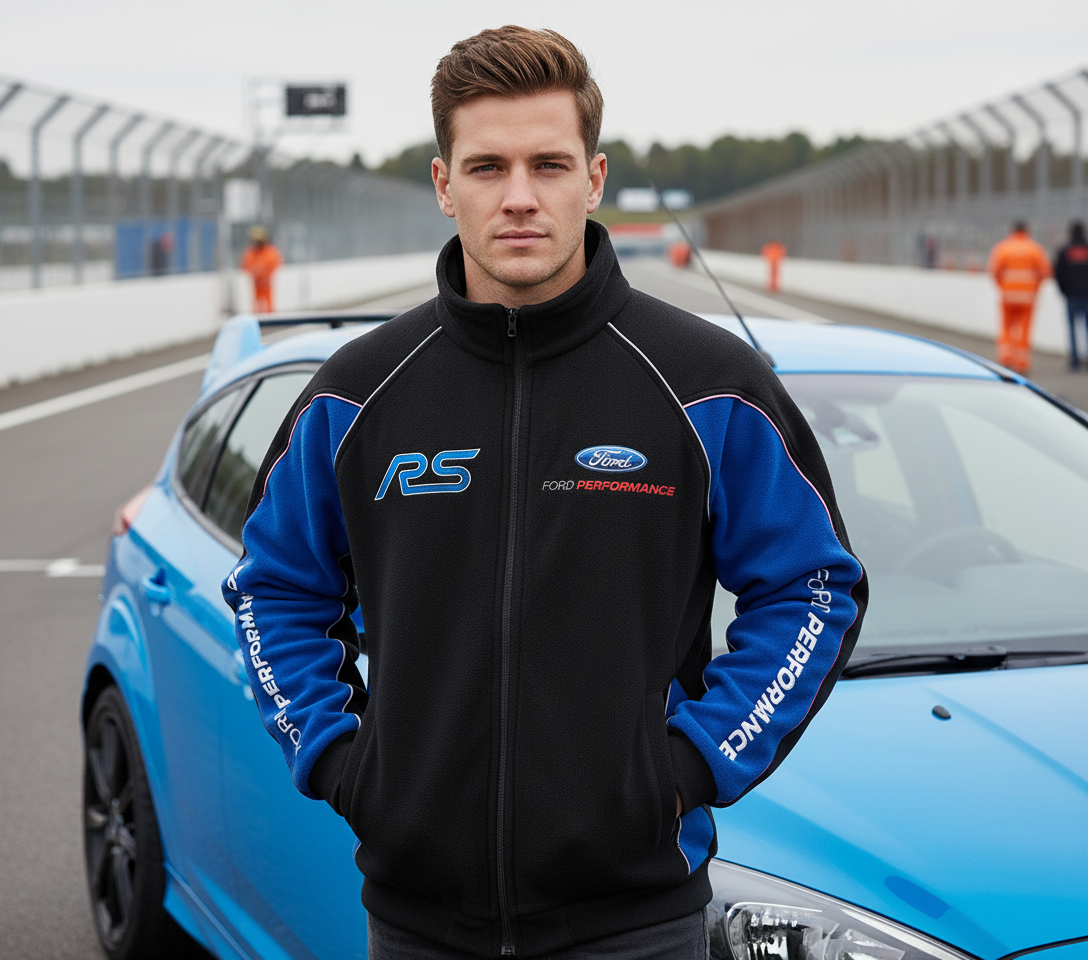 Ford RS Power Motorsport Fleece Jacket with Embroidered Emblems, Black/Blue