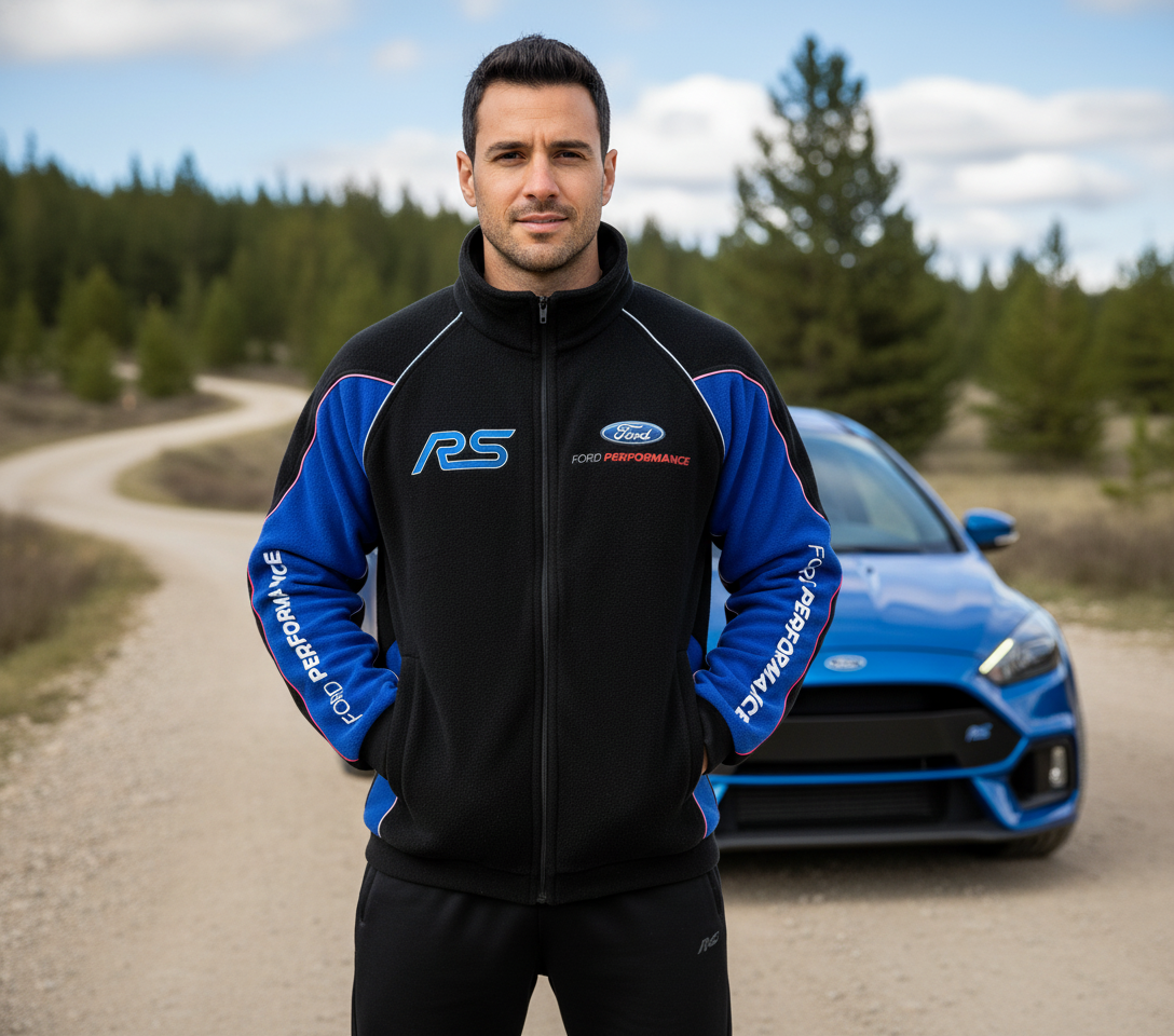 Ford RS Power Motorsport Fleece Jacket with Embroidered Emblems, Black/Blue