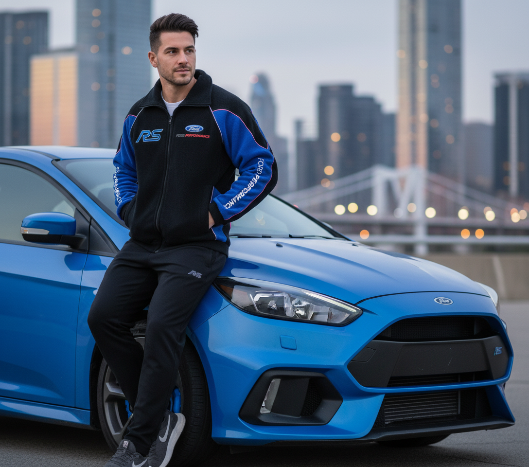 Ford RS Power Motorsport Fleece Jacket with Embroidered Emblems, Black/Blue