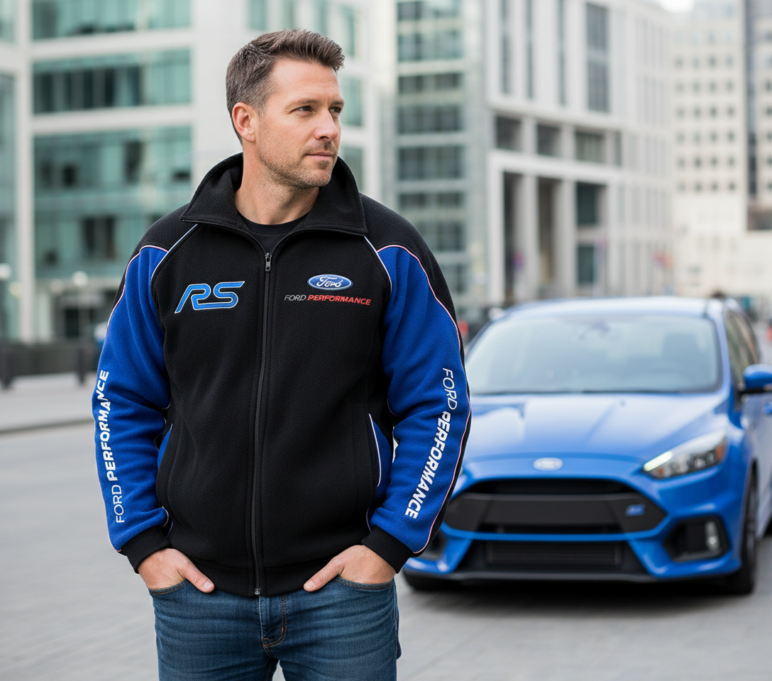 Ford RS Power Motorsport Fleece Jacket with Embroidered Emblems, Black/Blue