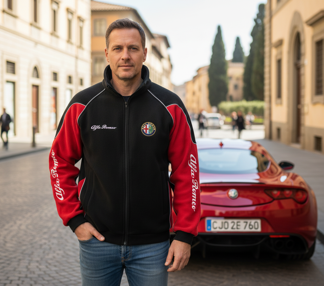 New Alfa Romeo Power Motorsport Fleece Jacket with Embroidered Emblems, Black and Red