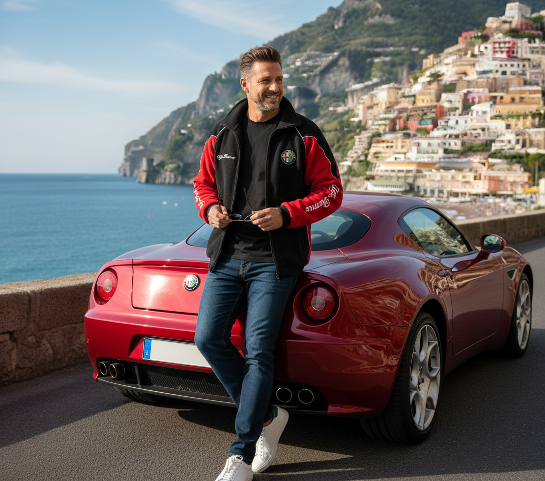 New Alfa Romeo Power Motorsport Fleece Jacket with Embroidered Emblems, Black and Red