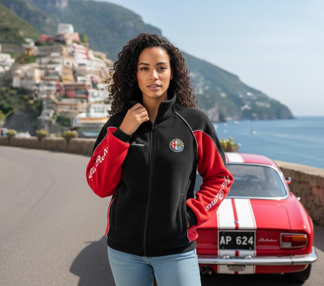 New Alfa Romeo Power Motorsport Fleece Jacket with Embroidered Emblems, Black and Red