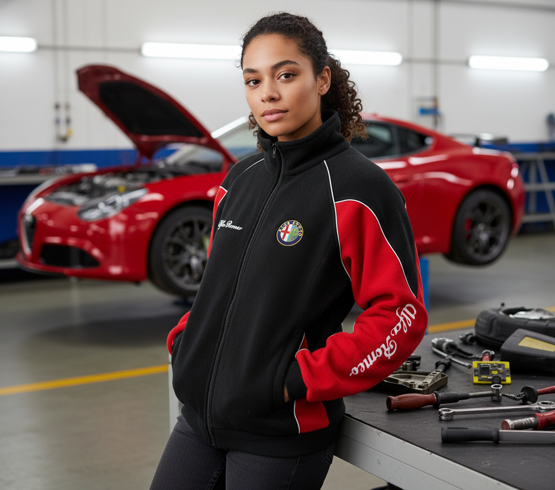 New Alfa Romeo Power Motorsport Fleece Jacket with Embroidered Emblems, Black and Red