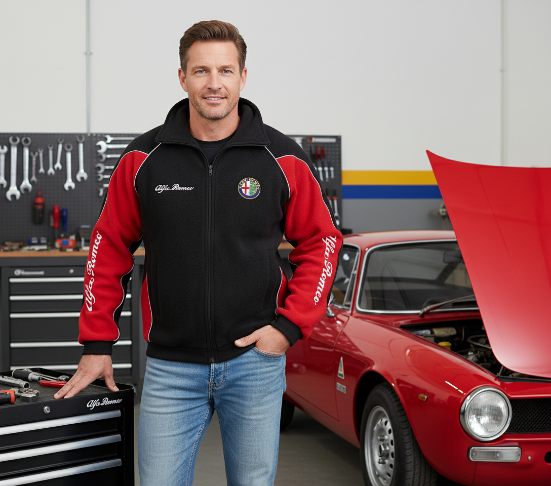 New Alfa Romeo Power Motorsport Fleece Jacket with Embroidered Emblems, Black and Red