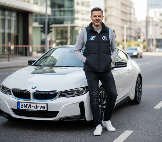 BMW i E-Drive Black-Grey Sport Vest – Embroidered Electric Series Logos | Lightweight Performance Outerwear