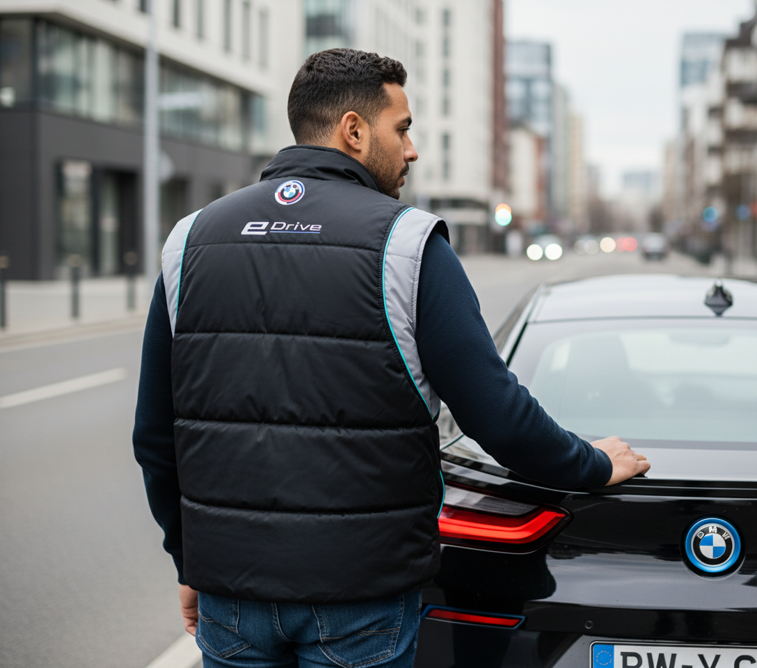 BMW i E-Drive Black-Grey Sport Vest – Embroidered Electric Series Logos | Lightweight Performance Outerwear