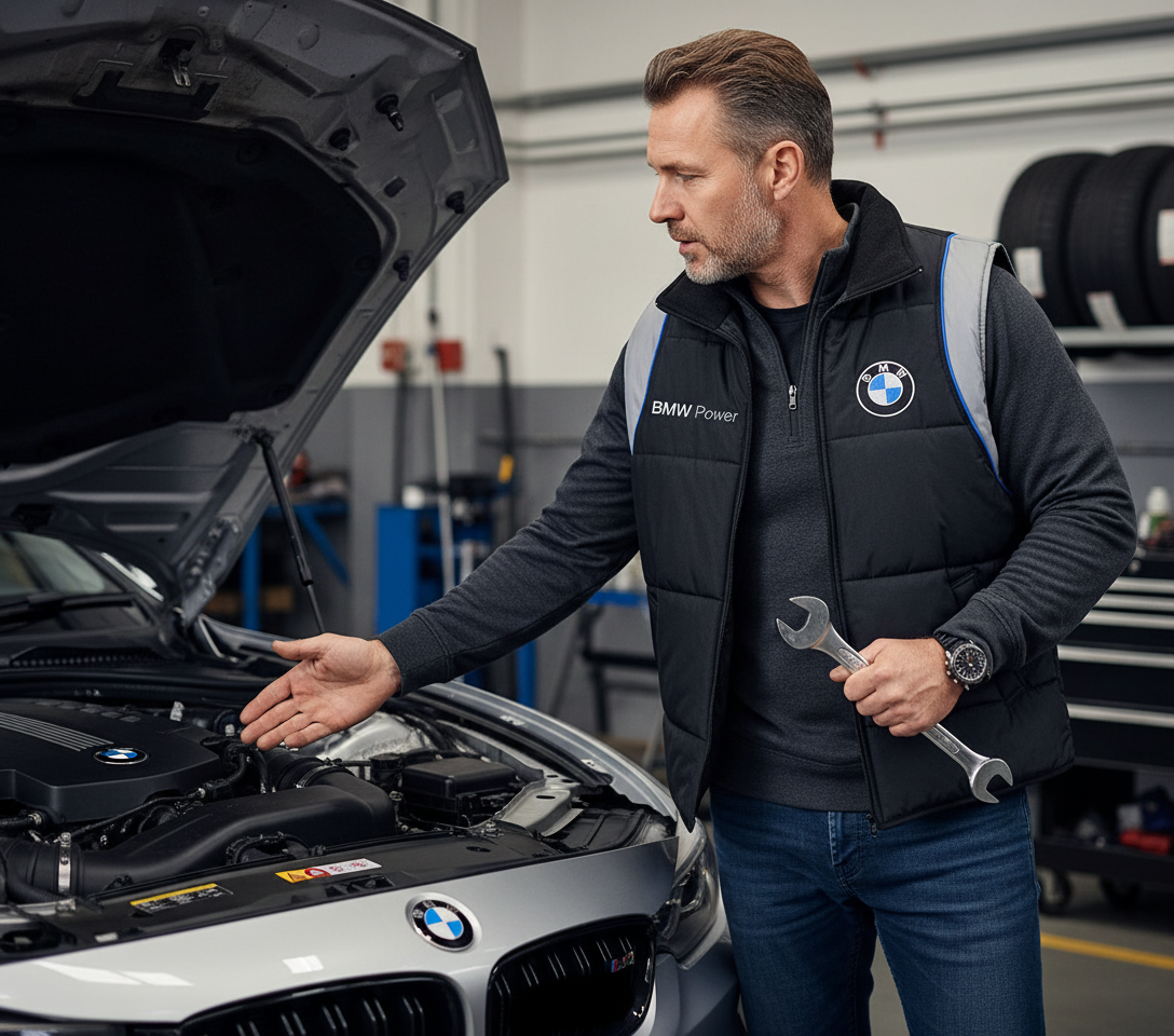 BMW Power Motorsport Black Vest Jacket – Embroidered Logos, Sizes S–3XL