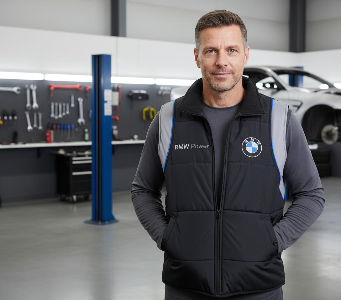 BMW Power Motorsport Black Vest Jacket – Embroidered Logos, Sizes S–3XL