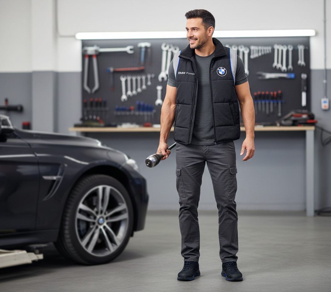 BMW Power Motorsport Black Vest Jacket – Embroidered Logos, Sizes S–3XL