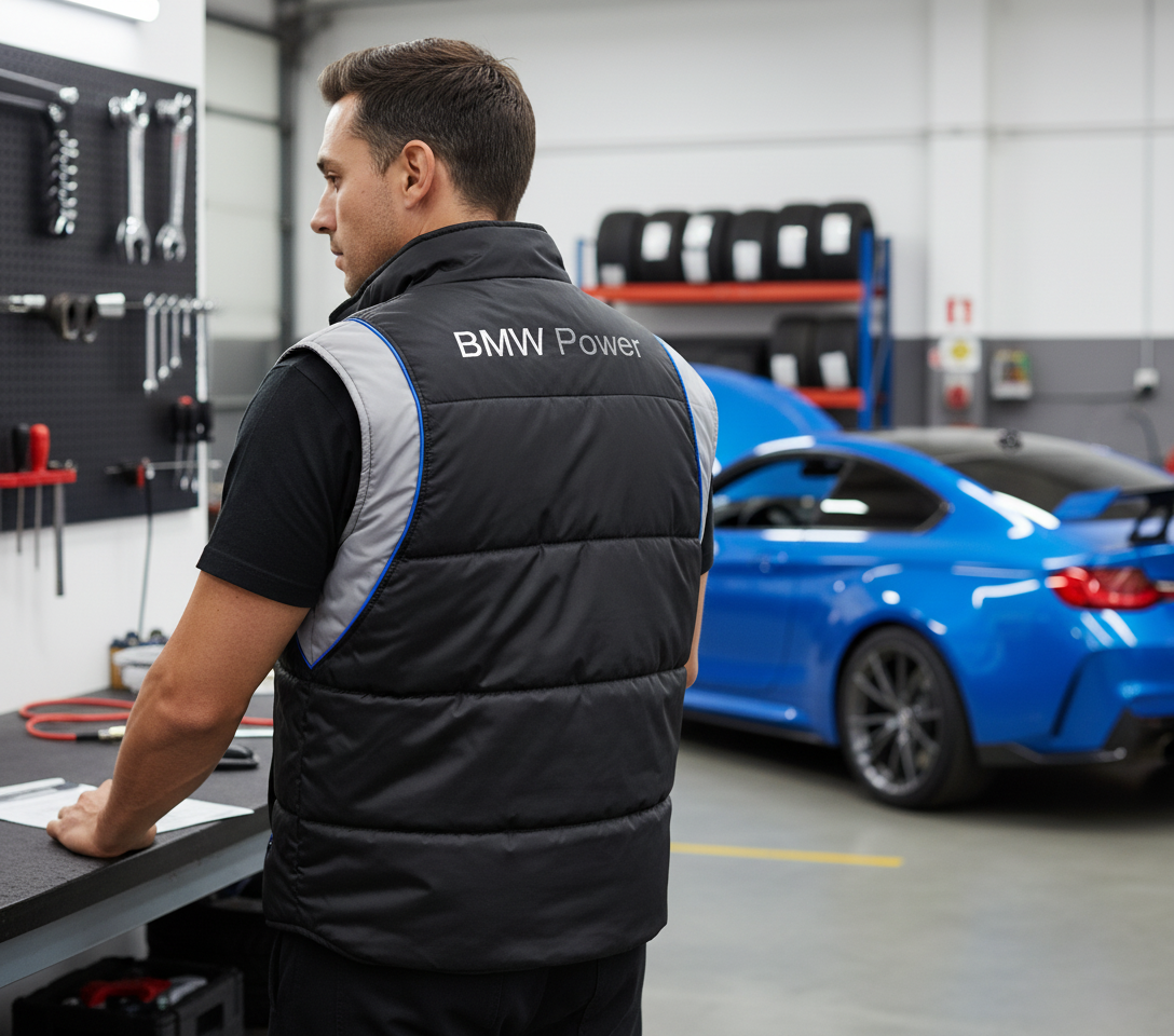 BMW Power Motorsport Black Vest Jacket – Embroidered Logos, Sizes S–3XL