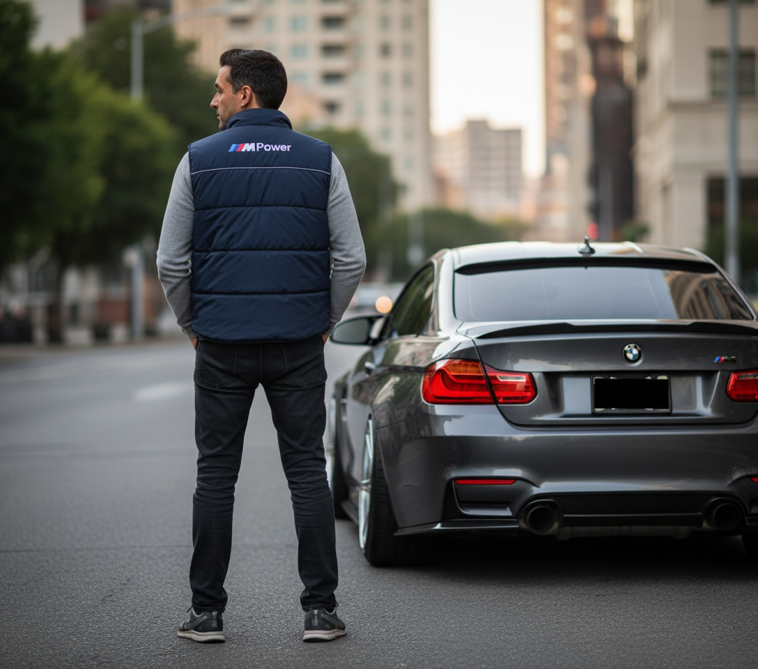 BMW M Power Motorsport Dark Blue Vest Jacket – Embroidered Badges, Sizes S–3XL