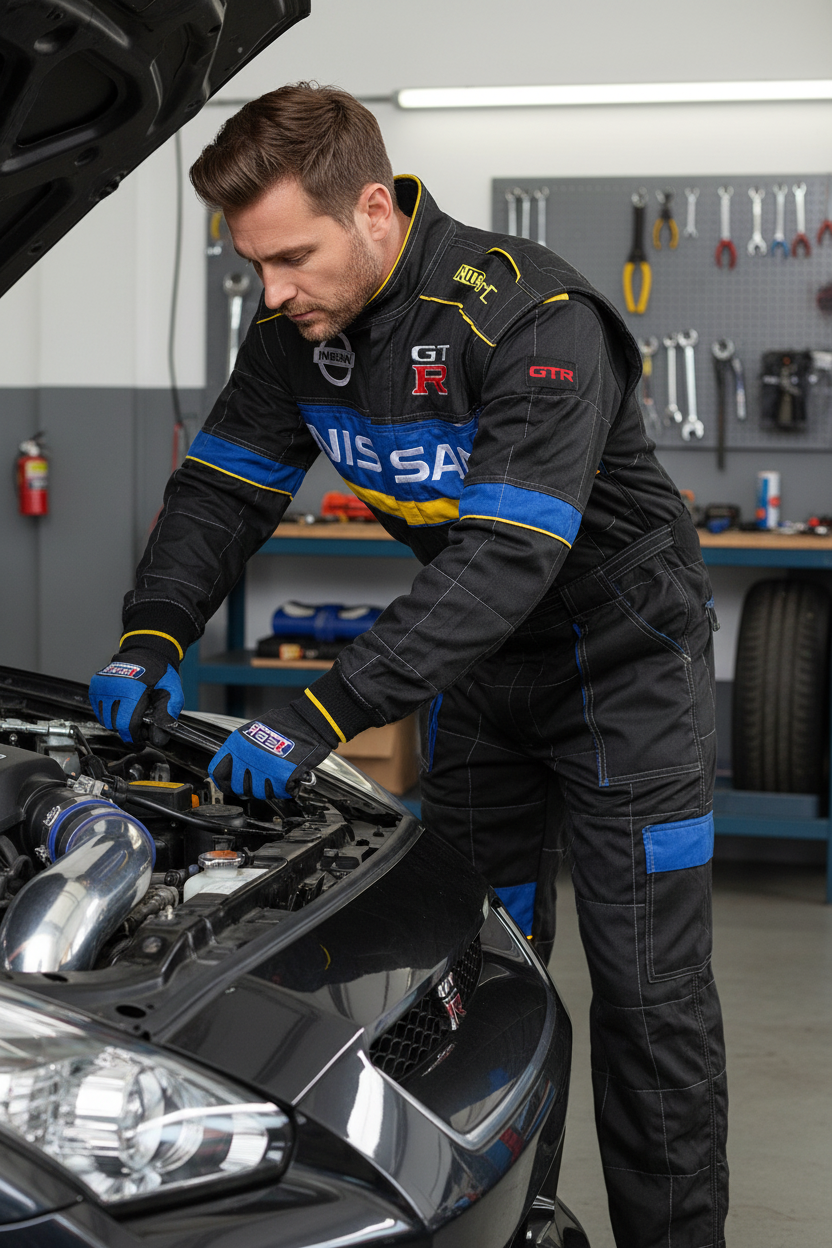 Neu Arbeitkleidung Overall Nissan GTR Power Motorsport, gestickte Embleme, S-3XL