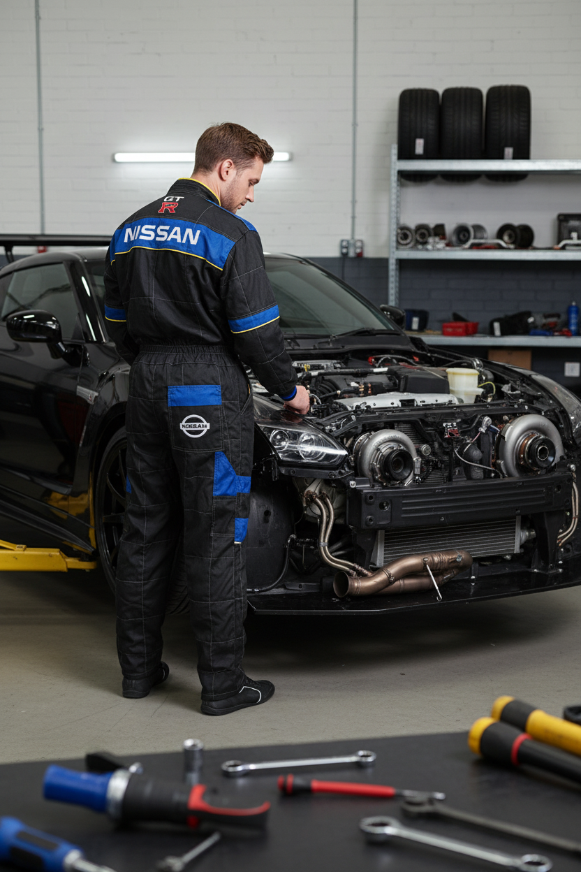 Neu Arbeitkleidung Overall Nissan GTR Power Motorsport, gestickte Embleme, S-3XL