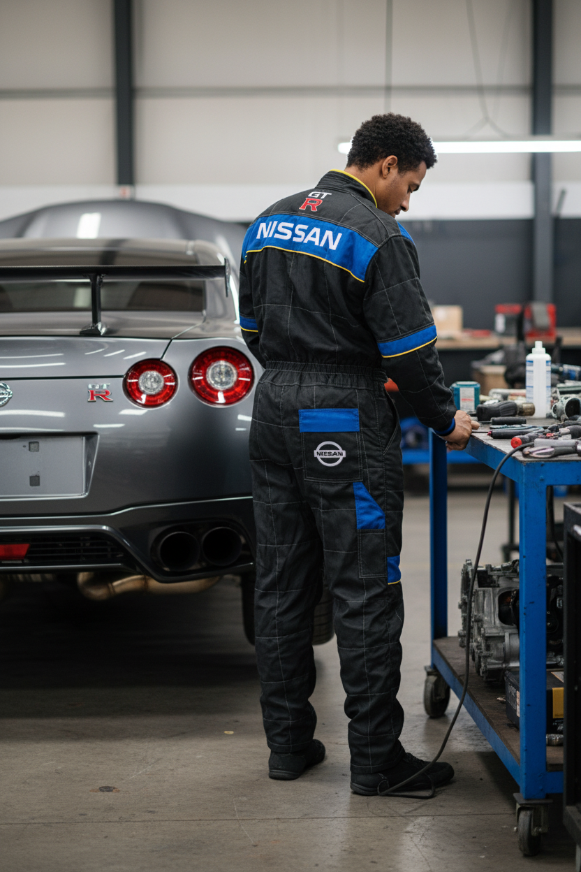 Neu Arbeitkleidung Overall Nissan GTR Power Motorsport, gestickte Embleme, S-3XL